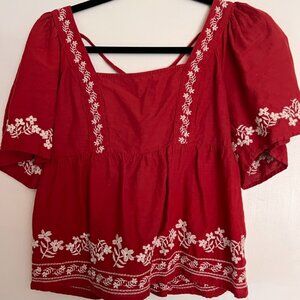 Flutter-Sleeve Smocked Matching Embroidery Swing Blouse, XS